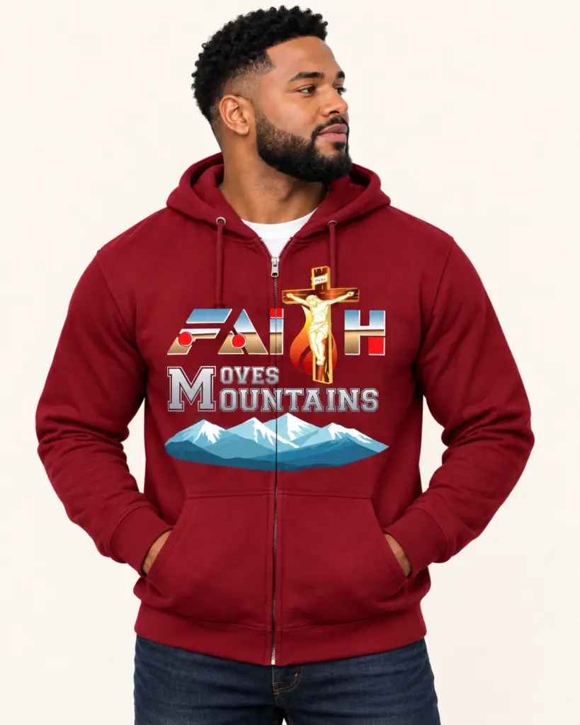 Faith Moves Mountain zip hoodie front - Romeez Gear